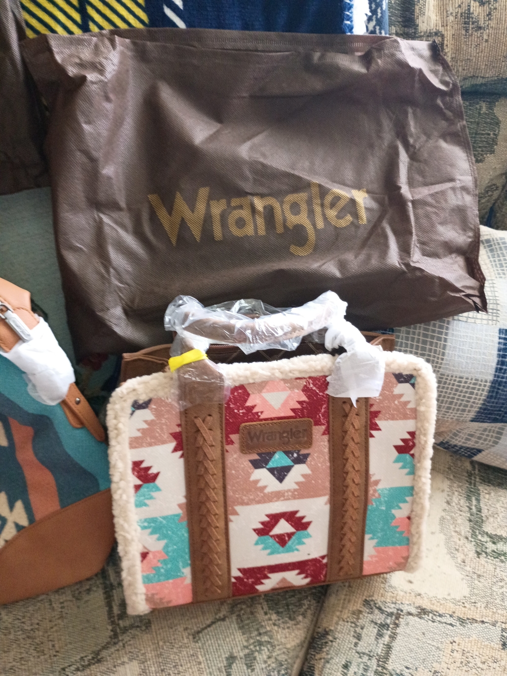 Wrangler Aztec Print Tote with Sherpa Trim - Red, Pink, Turquoise, Brown